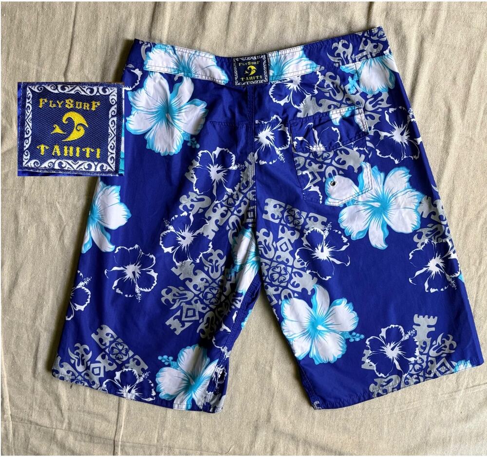 Y2K Board Shorts Mens 36 Vintage Surf Wear Flysurf Tahiti Tribal AOP Blue Floral